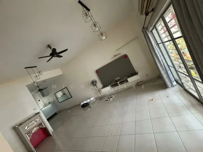 Living features: white painted walls, grey tiled flooring, 5-blade ceiling fan, recessed downlights, wall-mounted TV, TV console, sliding glass door, floor-to-ceiling windows, curtains, decorative pendant lights, open layout; style: modern.