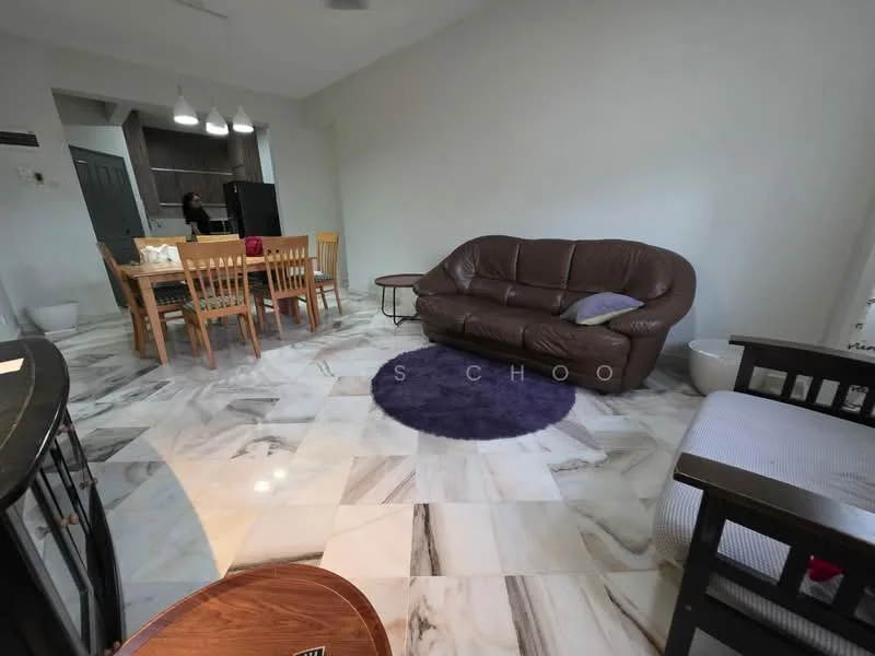 Living features: brown leather sofa, round purple area rug, marble flooring, dining table with six wooden chairs, wall-mounted TV, side table, open layout, recessed ceiling lights; style: modern.