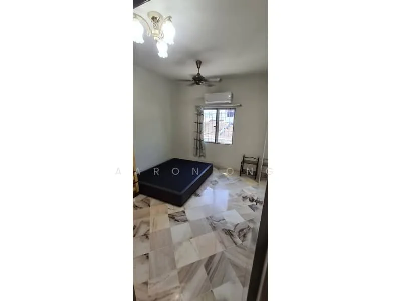 Bedroom features: marble tile flooring, white painted walls, ceiling fan, window with blinds, air conditioning unit, bed frame without mattress, decorative light fixture, chair.