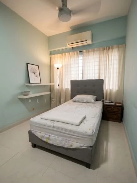 Bedroom features: single bed with grey upholstered headboard, white bedding with floral pattern, light blue painted walls, cream tiled flooring, floor-to-ceiling window with sheer curtains, wall-mounted shelf, standing lamp, air conditioning unit, wooden bedside table, decorative artwork on wall; style: modern.