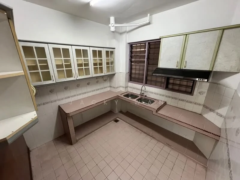Kitchen features: double-bowl stainless-steel sink, chrome pull-down faucet, laminate countertop, white cabinetry with glass-front upper cabinets, pink tiled backsplash, wall-mounted range hood, tile flooring, window with grille, light fixture on ceiling.