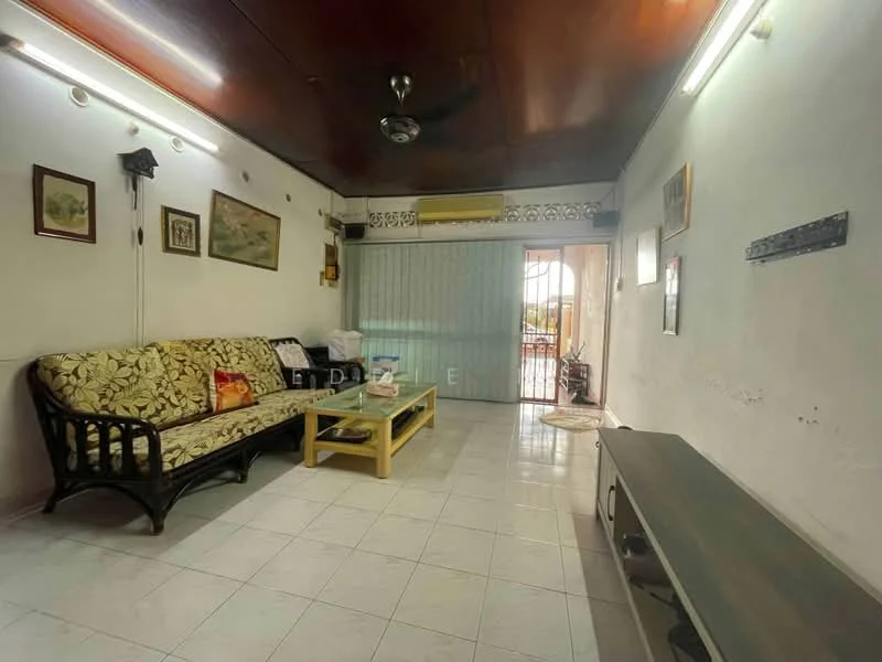 Living features: 3-seater rattan sofa with floral upholstery, wooden coffee table, TV console, white tiled flooring, ceiling fan, wall-mounted air conditioning unit, decorative wall art, sliding glass door, curtains, wooden ceiling, light fixtures; style: traditional.