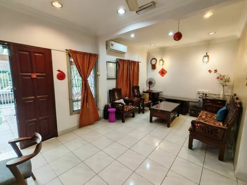Living features: white painted walls, ceramic tile flooring, recessed downlights, 5-blade ceiling fan, wooden coffee table, 2 wooden armchairs, 2 wooden sofas with cushions, decorative wall clock, window with sheer curtains, door leading outside, wall-mounted air conditioning unit, decorative wall art; style: contemporary; view: garden.