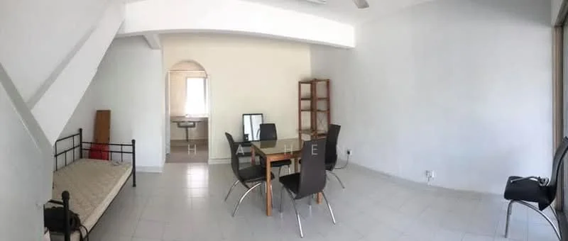 Living features: white painted walls, tile flooring, ceiling fan, large window, dining table with four chairs, single bed frame, wooden shelving unit, mirror, open layout.