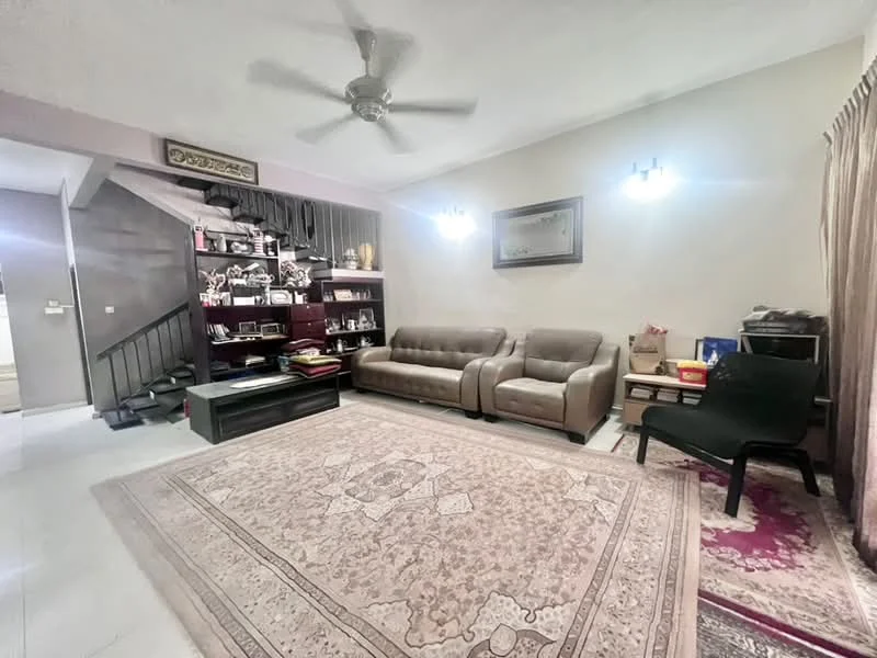 Living features: 3-seater fabric sofa in grey, 2-seater fabric sofa in grey, area rug with intricate pattern, wooden shelving unit with decorative items, wall-mounted light fixtures, ceiling fan with light, curtains in beige, decorative wall art, tile flooring, neutral painted walls; style: contemporary.