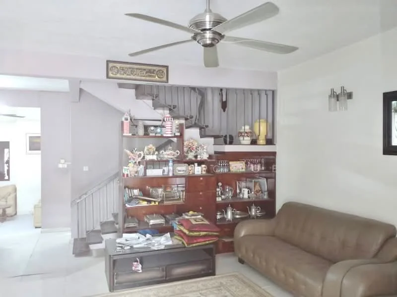 Living features: 3-seater leather sofa in brown, coffee table, area rug, wall-mounted shelving unit, decorative items on shelves, ceiling fan, recessed lighting, staircase leading to upper floor, neutral painted walls, tile flooring; style: contemporary.