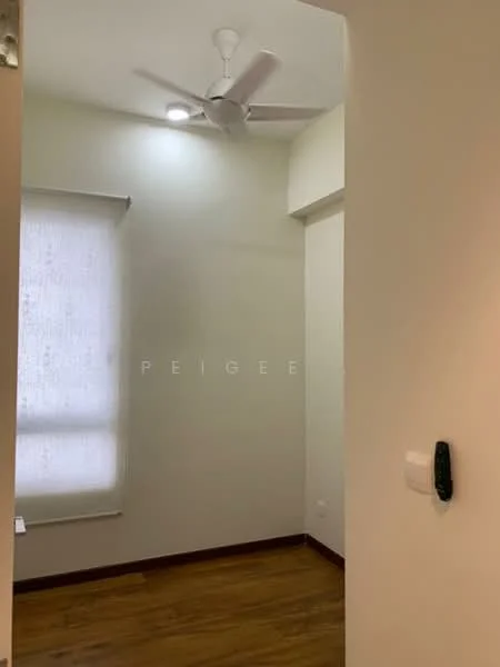 Room features: white painted walls, wooden flooring, ceiling fan, window with sheer blinds, light fixture, door frame, wall-mounted intercom, baseboard.