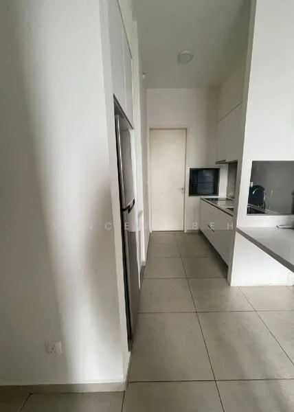 Kitchen features: white cabinetry, stainless-steel fridge, built-in oven, ceramic tile flooring, white countertops, wall-mounted cabinets, single-bowl stainless-steel sink, chrome pull-down faucet, recessed downlights, neutral wall colour, open layout, modern design; style: modern.