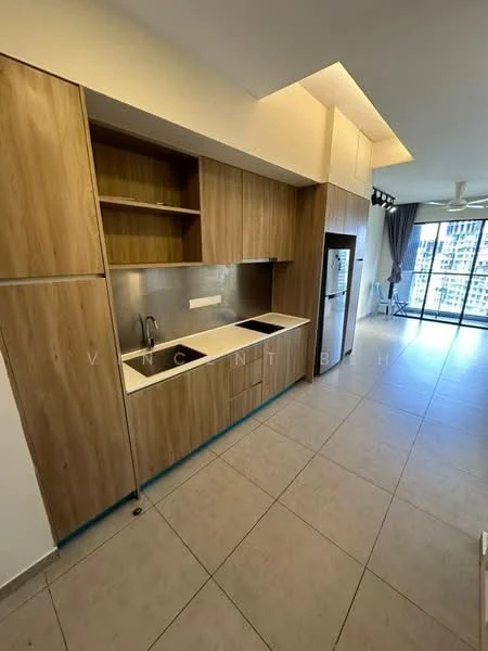 Kitchen features: wood cabinetry with a natural finish, double-bowl stainless-steel sink, chrome pull-down faucet, granite countertop, built-in refrigerator, ceramic tile flooring, wall-mounted cabinets, open shelving, recessed downlights, floor-to-ceiling windows, city view; style: modern; view: city.