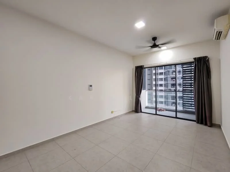 Living features: white painted walls, tile flooring, 5-blade ceiling fan with light, floor-to-ceiling sliding glass door, curtains, air conditioning unit, neutral color scheme, open layout; style: modern; view: city.