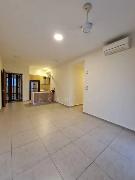 Living features: light-colored tiled flooring, white painted walls, ceiling fan with light, wall-mounted split AC, recessed ceiling lights, open layout, kitchen area visible, doorway leading to balcony or hallway; style: modern.