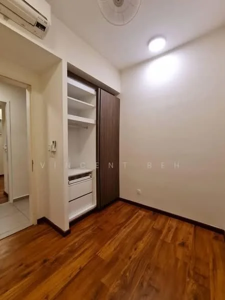 Room features: wooden flooring, white painted walls, built-in wardrobe with sliding doors, shelving unit, 1 ceiling fan, 1 recessed downlight, doorway leading to another room, neutral color scheme; style: modern.
