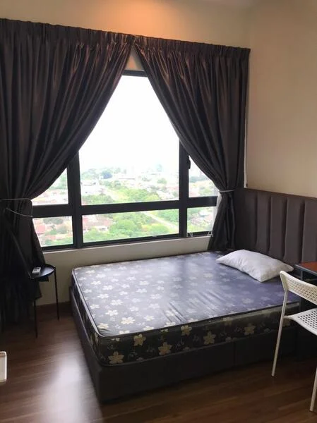 Bedroom features: queen-size bed, upholstered headboard, floor-to-ceiling window, blackout curtains, wooden flooring, decorative throw pillow, side table, chair, city view; style: modern; view: city.