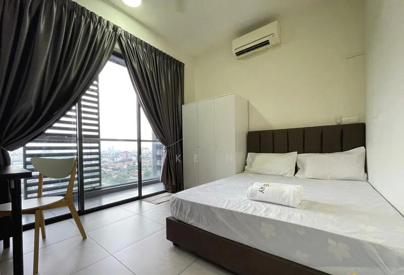 Bedroom features: queen-size bed, upholstered headboard, white bedding, 2 bedside pillows, floor-to-ceiling windows, blackout curtains, air conditioning unit, white painted walls, tile flooring, wooden dining table, white chair, city view; style: modern; view: city.