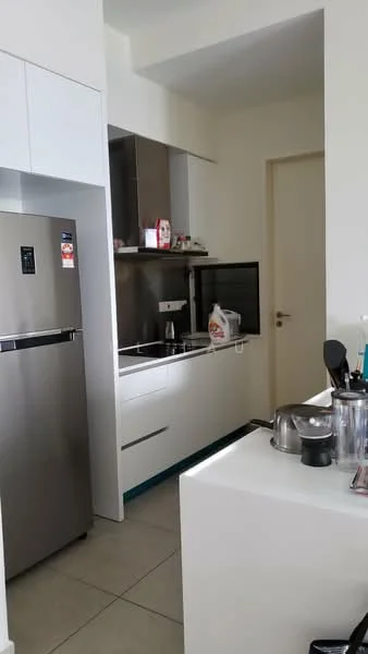 Kitchen features: stainless-steel fridge, built-in oven, glass cooktop, white cabinetry, countertop with overhang, sink, kitchen utensils on countertop, tile flooring, neutral wall color, extraction hood; style: modern.