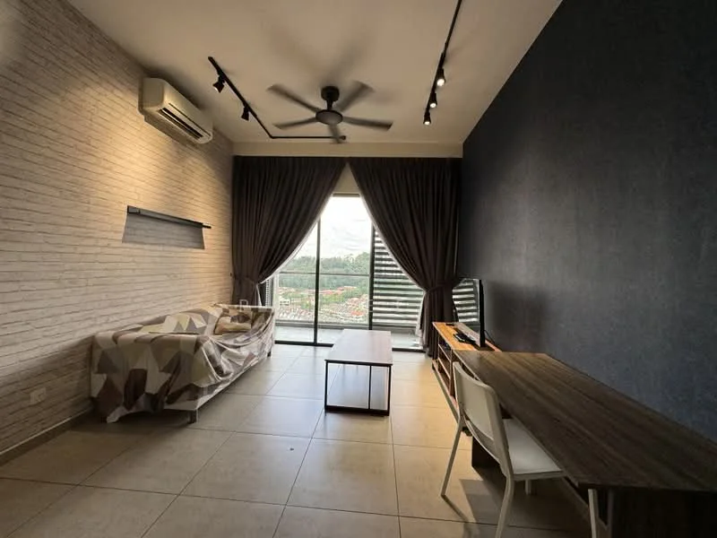 Living features: light grey painted walls, exposed brick accent wall, floor-to-ceiling windows, sliding glass door, dark grey curtains, 5-blade ceiling fan with light, recessed LED downlights, rectangular wooden coffee table, study desk, white chair, sofa with patterned throw, tile flooring; style: modern; view: garden.