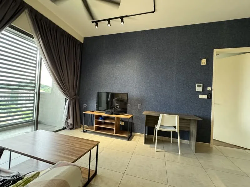 Living features: grey accent wall, cream tiled flooring, 5-blade ceiling fan with light, wall-mounted TV, wooden TV console, wooden coffee table, study desk, white chair, floor-to-ceiling windows with sheer curtains; style: modern; view: garden.