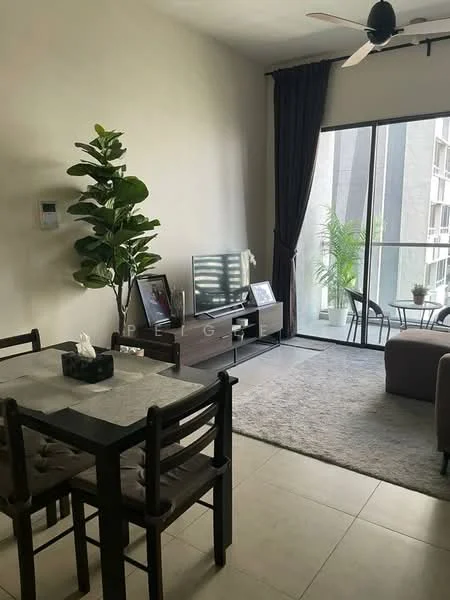 Living features: 3-seater fabric sofa in brown, coffee table, TV console, wall-mounted TV, area rug with neutral color, floor-to-ceiling windows, curtains, indoor plant, ceiling fan, light-colored walls, tile flooring; style: modern; view: garden. Dining features: 4-seater dining table, wooden dining chairs, decorative centerpiece; style: modern.
