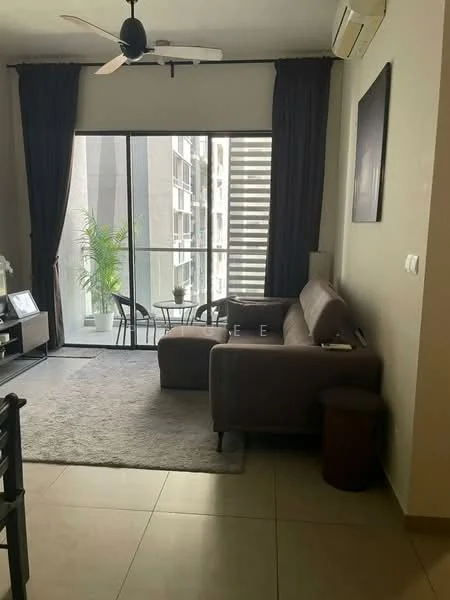 Living features: 3-seater fabric sofa in brown, area rug in light grey, floor-to-ceiling windows, sliding glass door, blackout curtains, ceiling fan, wall-mounted air conditioning unit, decorative wall art, coffee table, small side table; style: modern; view: city.