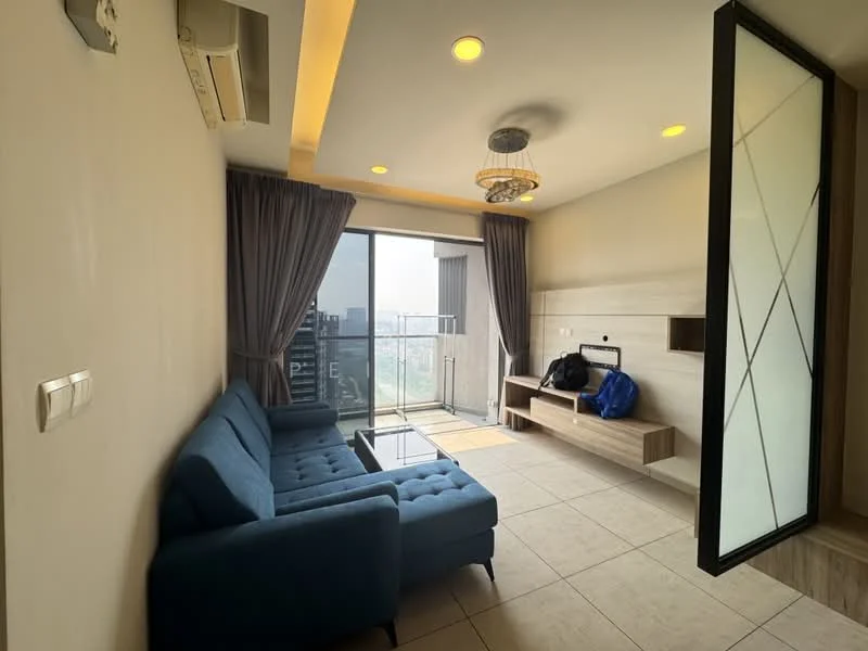 Living features: blue fabric sofa, coffee table, wall-mounted TV console, floor-to-ceiling windows, curtains, recessed downlights, ceiling fan, tile flooring, wall paneling, open balcony view; style: modern; view: city.