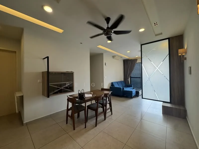 Living features: grey tiled flooring, white painted walls, recessed downlights, 5-blade ceiling fan, sofa in blue fabric, dining table for 4, wooden dining chairs, floor-to-ceiling windows, sheer curtains, wall-mounted TV, decorative wall sconce; style: modern.