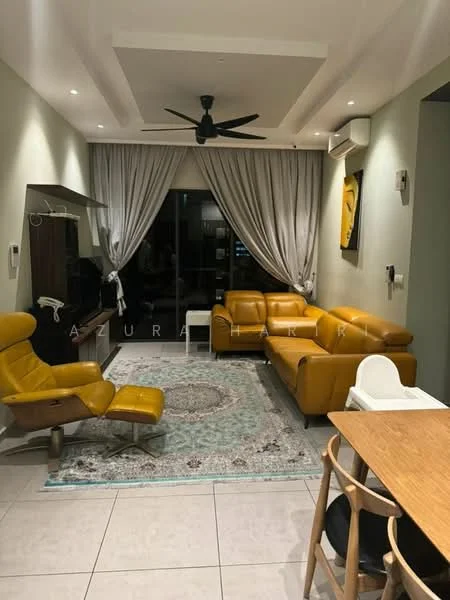 Living features: 3-seater leather sofa in mustard yellow, single armchair in mustard yellow, area rug with intricate pattern, wall-mounted TV, TV console, floor-to-ceiling windows, sheer curtains, recessed downlights, 5-blade ceiling fan with light, decorative wall art, light-colored painted walls, ceramic tile flooring; style: modern; view: city.