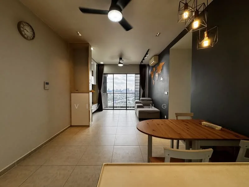 Living features: floor-to-ceiling windows, city skyline view, 3-blade ceiling fan, recessed downlights, light fixture with multiple bulbs, grey accent wall, cream tiled flooring, sofa, dining table with chairs, wall-mounted air conditioning unit, clock on wall; style: modern; view: city.