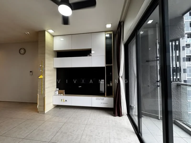 Living features: floor-to-ceiling windows, sliding glass door, light grey tiled flooring, white wall-mounted TV console, black accent wall, recessed downlights, ceiling fan, curtains, wall clock; style: modern; view: city.