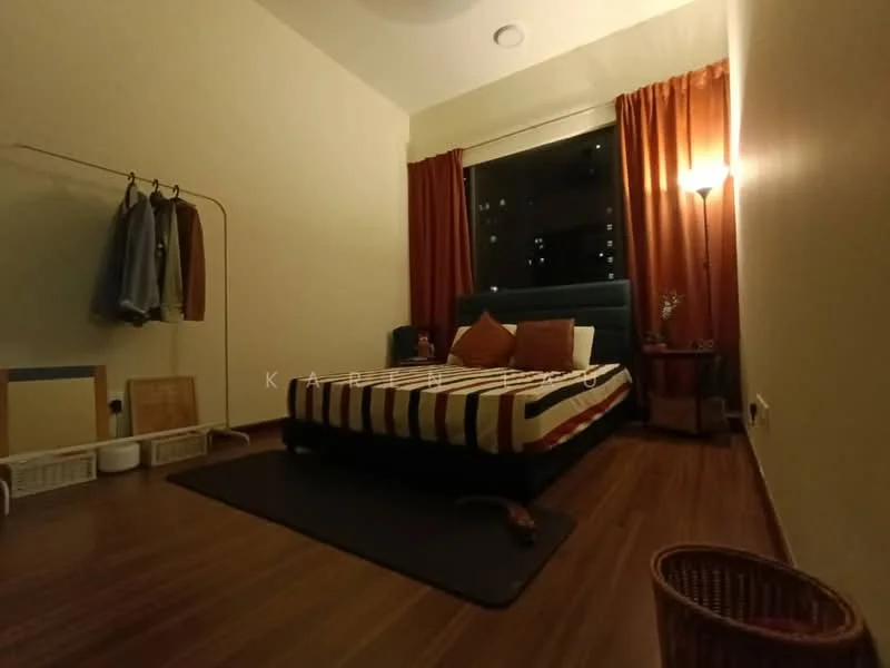 Bedroom features: queen-size bed with striped bedding, wooden flooring, cream painted walls, floor-to-ceiling window, orange curtains, table lamp, clothing rack, decorative plant, woven basket, area rug; style: modern; view: city.