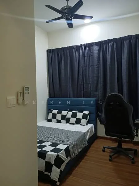 Bedroom features: queen-size bed with checkered bedding, upholstered headboard, blackout curtains, ceiling fan, wooden flooring, study desk with ergonomic chair, wall-mounted air conditioning unit, decorative wall art; style: modern.