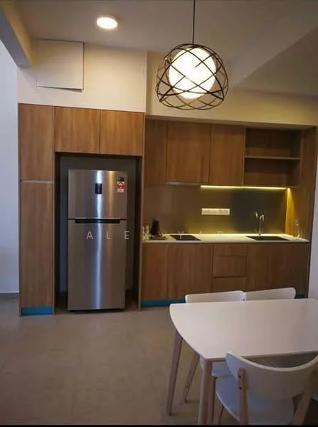 Kitchen features: stainless-steel fridge, single-bowl stainless-steel sink, chrome pull-down faucet, laminate countertop, wood cabinetry with flat-panel design, under-cabinet lighting, ceramic tile flooring, pendant light fixture, open shelving, dining table with white chairs; style: modern.