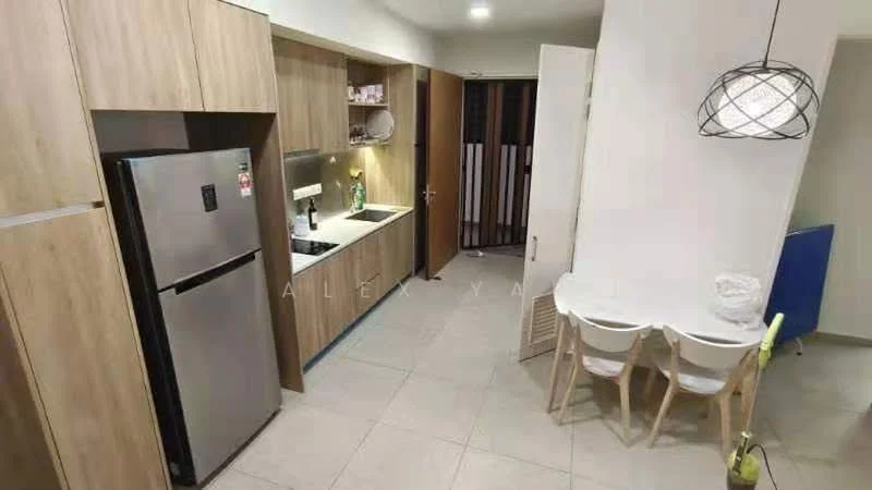 Kitchen features: stainless-steel fridge, built-in oven, 4-burner gas hob, kitchen cabinets with wood finish, countertop with blue accents, sink with faucet, wall-mounted shelves, tile flooring, pendant light fixture, dining table with 3 chairs; style: modern.