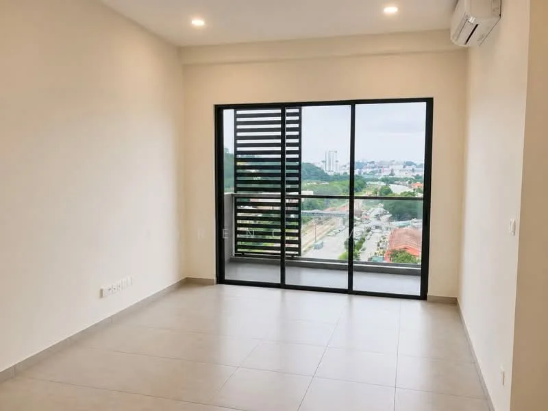 Room features: light-colored painted walls, large floor-to-ceiling windows, black metal window frames, sliding glass door, neutral tile flooring, air conditioning unit, recessed ceiling lights, city view from window; style: modern; view: city.