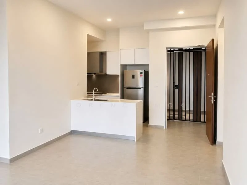 Kitchen features: white cabinetry, stainless-steel sink, chrome pull-down faucet, grey countertop, built-in oven, stainless-steel fridge, ceramic tile flooring, recessed downlights; style: modern. Living features: open layout, grey tile flooring, white painted walls, recessed downlights, sliding glass door, access to hallway; style: modern. Room features: entrance door, security grille.