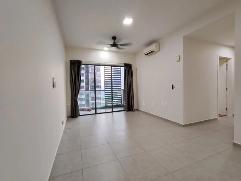Living features: light grey tiled flooring, white painted walls, 5-blade ceiling fan with light, floor-to-ceiling windows, sliding glass door, curtains, wall-mounted air conditioning unit, neutral color scheme; style: modern; view: city.