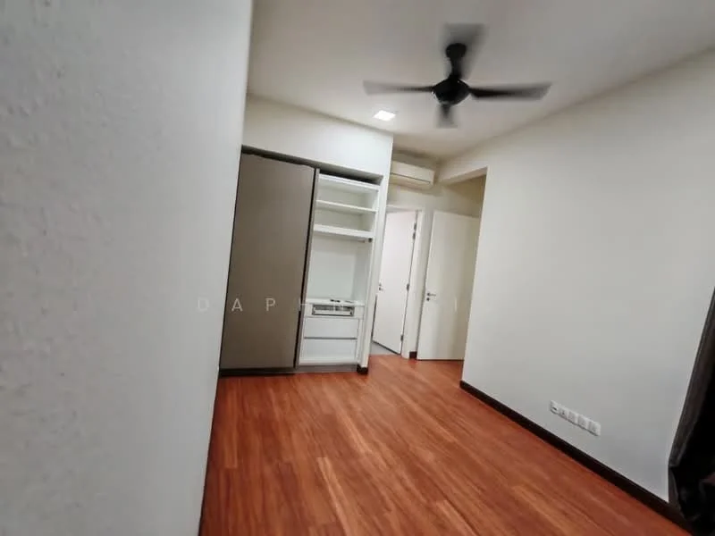 Room features: wooden flooring, white painted walls, ceiling fan, built-in wardrobe, doorway leading to another room, light fixture in ceiling.