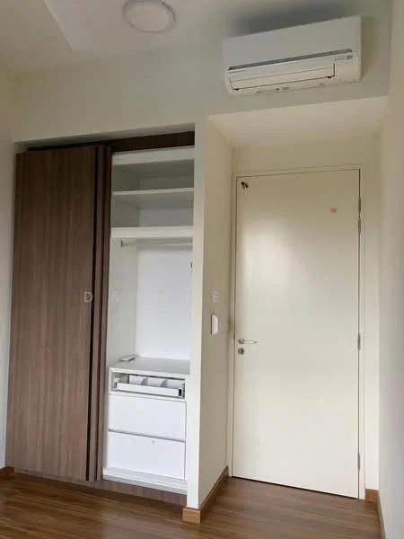 Room features: built-in wardrobe with sliding doors, white shelving unit, wall-mounted air conditioning unit, plain white walls, wooden flooring, white door, door handle, light ceiling; style: modern.