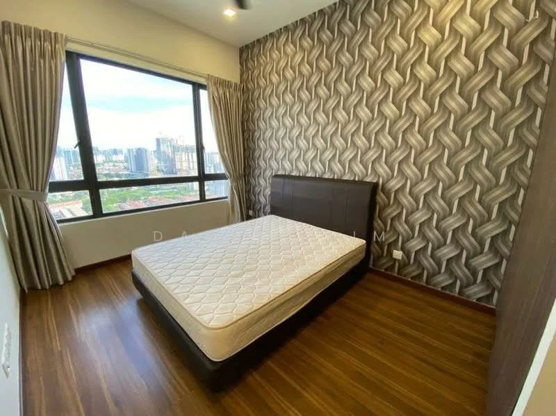 Bedroom features: queen-size bed frame, wooden flooring, feature wall with geometric pattern, floor-to-ceiling windows, curtains, city view, light fixture on ceiling, neutral painted walls; style: modern; view: city.