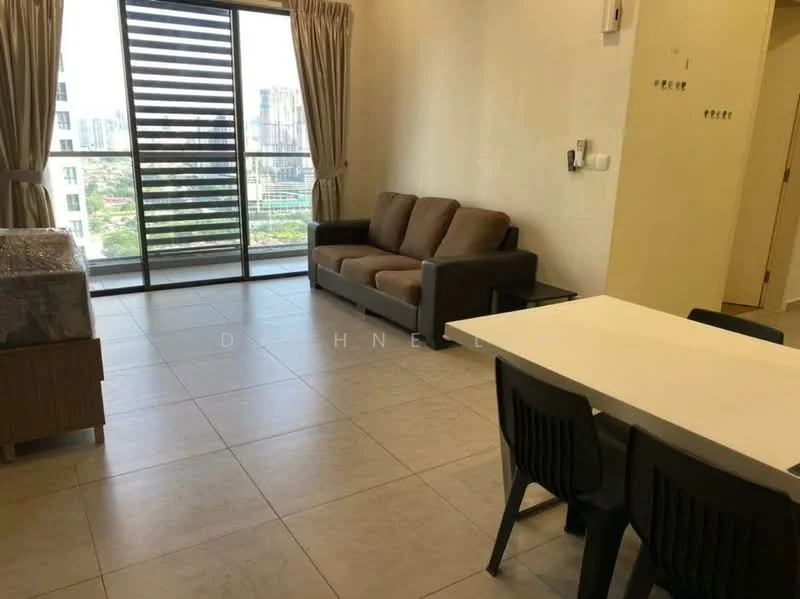 Living features: 3-seater fabric sofa in brown, dining table with 4 black chairs, floor-to-ceiling windows, curtains, tile flooring, neutral painted walls, wall-mounted intercom, open layout, city view; style: modern; view: city.