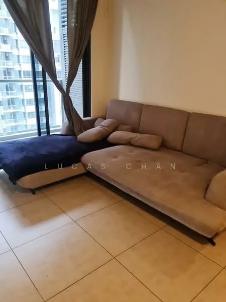 Living features: L-shape sectional sofa in beige, throw pillows, floor-to-ceiling windows, sheer curtains, tile flooring, neutral wall color, balcony access, natural light; style: modern; view: city.