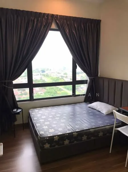 Bedroom features: queen-size bed, upholstered headboard, floor-to-ceiling window, dark grey curtains, wood laminate flooring, nightstand, white metal chair, decorative wall panel, city view; style: modern; view: city.