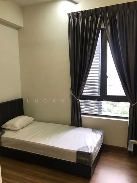 Bedroom features: single bed, black upholstered headboard, wooden flooring, floor-to-ceiling window, grey curtains, white walls, decorative window treatment; style: modern; view: garden.