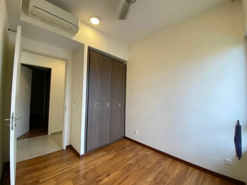 Room features: wooden flooring, white painted walls, ceiling fan, built-in wardrobe with sliding doors, wall-mounted air conditioning unit, door leading to another room, light fixture on ceiling; style: modern.