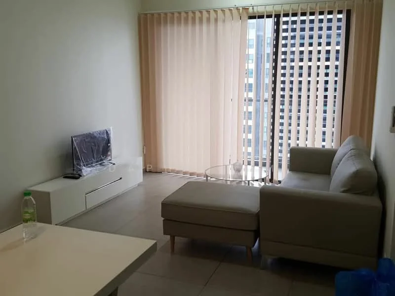 Living features: beige L-shape sectional sofa, glass coffee table, white TV console, wall-mounted TV, floor-to-ceiling windows, sheer curtains, light-colored tiled flooring, decorative wall with no visible artwork; style: modern; view: city.