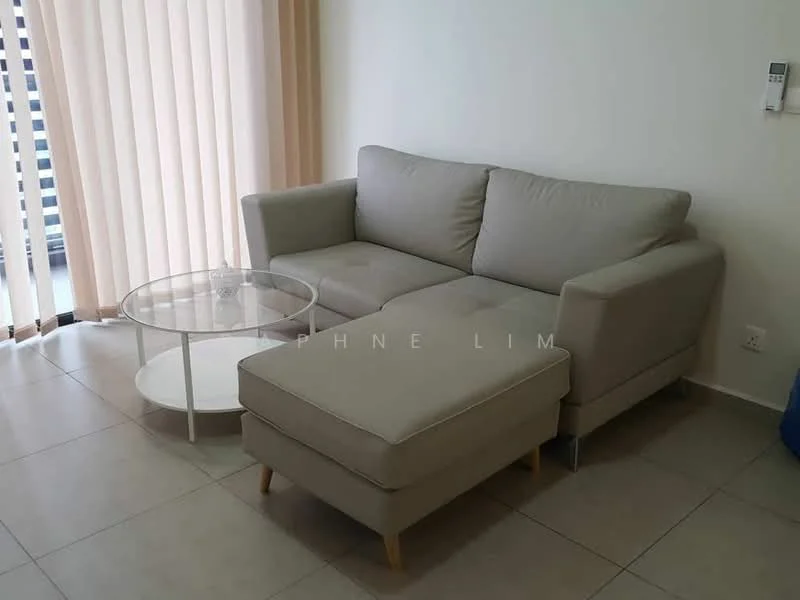 Living features: L-shape sectional sofa in beige fabric, glass coffee table with white base, light-colored tiled flooring, floor-to-ceiling windows with sheer curtains, wall-mounted air conditioning unit, neutral painted walls; style: modern; view: city.