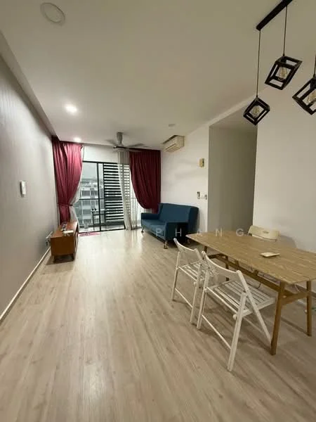 Living features: light wood laminate flooring, white painted walls, floor-to-ceiling windows, red curtains, 3-seater blue fabric sofa, wooden coffee table, 4-seater dining table with white chairs, ceiling fan, air conditioning unit, decorative pendant lights; style: modern; view: city.