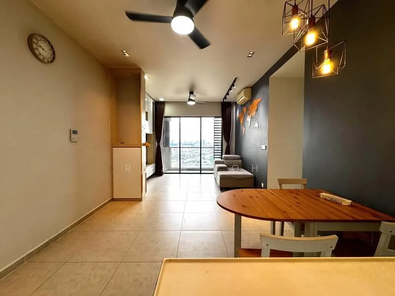 Living features: floor-to-ceiling windows, grey accent wall, light wood dining table, white dining chairs, 3-seater fabric sofa in light grey, pendant lighting with multiple bulbs, ceiling fan, wall clock, tile flooring, decorative wall art, curtains, open layout; style: modern; view: city.