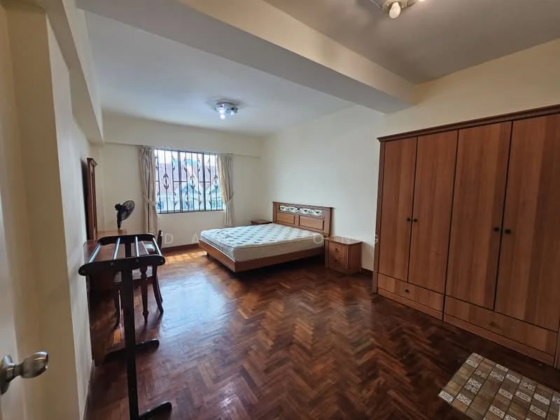 Bedroom features: parquet wood flooring, cream painted walls, tray ceiling with recessed lighting, large window with metal grille, queen-size bed, wooden bed frame, wooden bedside table, wooden wardrobe, study desk, desk lamp; style: modern.