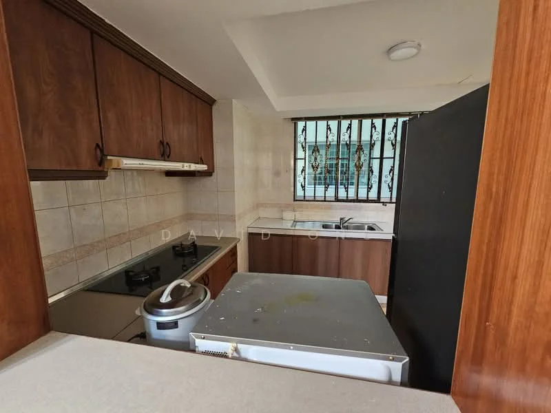 Kitchen features: brown wooden cabinetry, white tiled backsplash, grey countertop, double-bowl stainless-steel sink, chrome pull-down faucet, 4-burner gas hob, built-in oven, refrigerator, window with security bars, light fixture on ceiling.