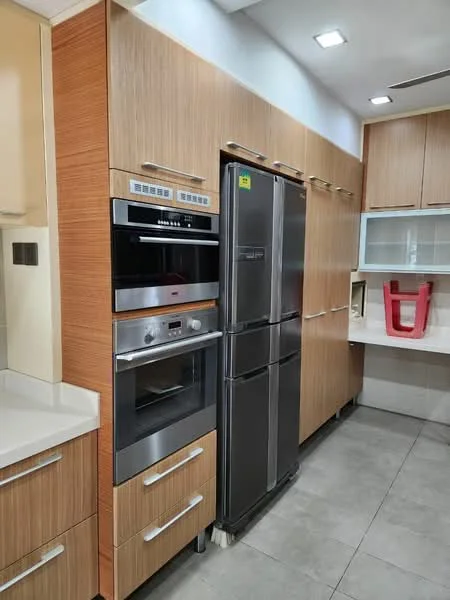 Kitchen features: stainless-steel fridge, built-in oven, microwave, wood cabinetry, laminate countertop, grey tile flooring, recessed LED downlights, glass-front upper cabinets; style: modern.